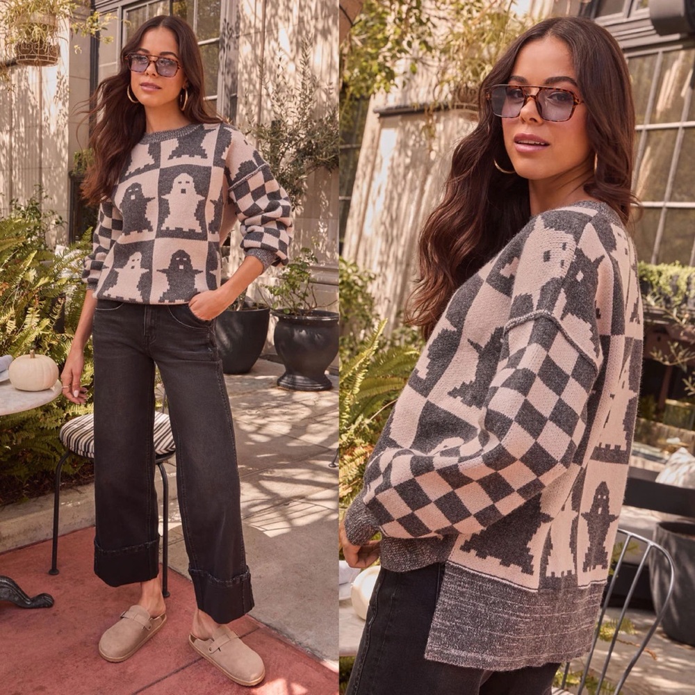 Charcoal Checkered Spirits Intarsia Knit Ghost Sweater (S, M, L)